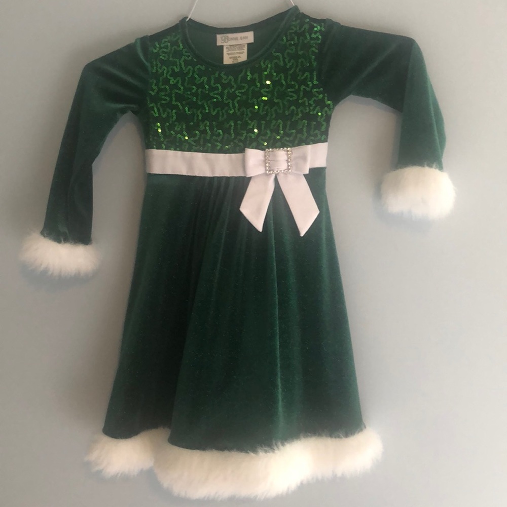 Girls green velour dress with fur accent